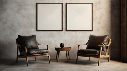 Generative AI, Poster frame mockup in beige and brown living room interior, wabi sabi minimalism style	