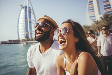 Beautiful couple in sunglasses laughs happily and walks through the streets of Dubai