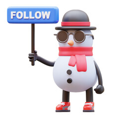 3D Snowman Character Holding Follow Sign