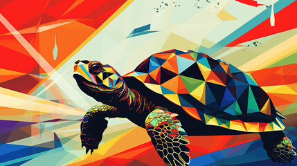 colorful explosive inspired turtle artwork, polygonal design, ai generated image