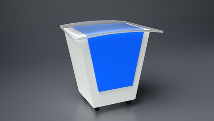 3d Speaker Podium. Black Tribune Rostrum Stand with Microphones. 3d render isolated on blue background. Debate, press conference concept. Tribune podium rostrum speech stand. 