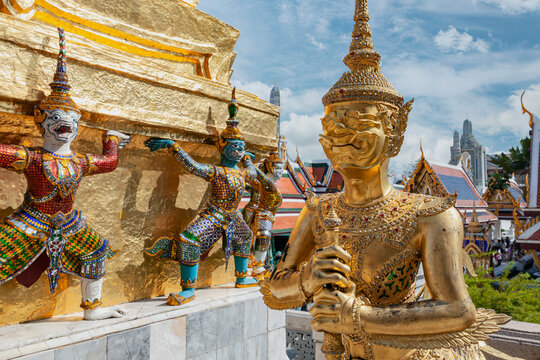 A close up view of a demon guard statue at the Grand Palace in Bangkok, Thailand.