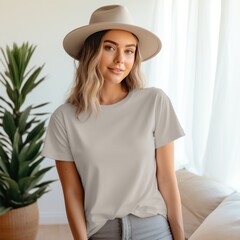 Attractive Girl wearing blank grey t-shirt mockup, Beautiful woman wearing blank belle cavnas 3001 casual shirt mockup.