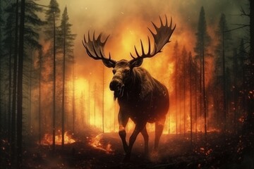 Moose with big antlers on the background of a forest fire