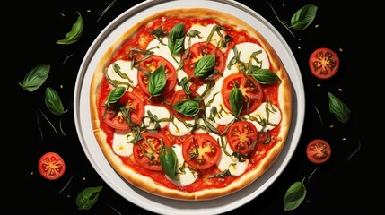  a pizza with tomatoes and mozzarella on a plate.  generative ai