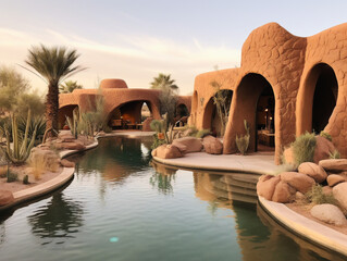 A captivating desert oasis with splendid adobe structures reminiscent of a remote civilization.