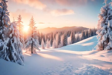 Snow covered trees in the mountains at sunset. Beautiful winter landscape. Winter forest