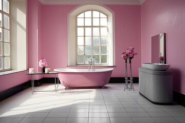 Fototapeta na wymiar Elegant Bathroom: Pink Walls, Gray Tile Flooring, a Central Pink Bathtub, and a Gray Sink – All Exuding Modern Sophistication