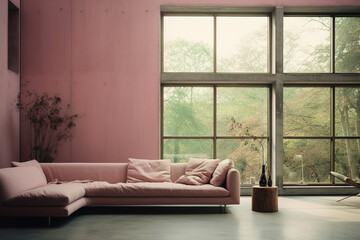 Luxurious Living: An Expansive Room with a Large Window Offering a View of a Forest, Pink Walls, and a Central Pink Sofa Bed in a Luxury Home