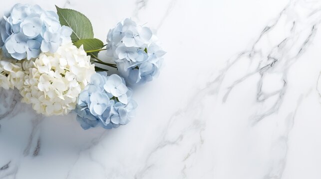  a bouquet of blue and white flowers on a marble surface.  generative ai