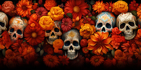 Backgrounds of original, colorful Mexican skulls with flowers. Backgrounds of Mexican skulls decorated for Halloween and the Day of the Dead Traditional Mexican Skulls with Festive Floral Designs.
 - obrazy, fototapety, plakaty
