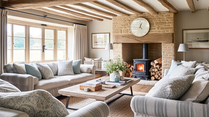 Cottage interior with modern design and antique furniture, home decor, sitting room and living room, sofa and fireplace in English country house and countryside style - obrazy, fototapety, plakaty