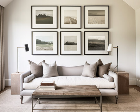 Minimalistic gallery wall, wall art, home decor and framed art in the English country house interior, room for diy printable artwork mockup and print shop