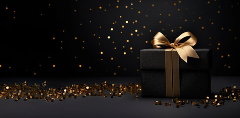 Black Friday concept, black gift boxes with ribbon on black background
