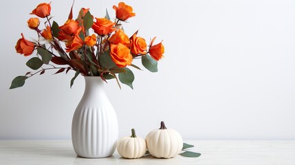  a white vase filled with orange flowers next to two white pumpkins.  generative ai