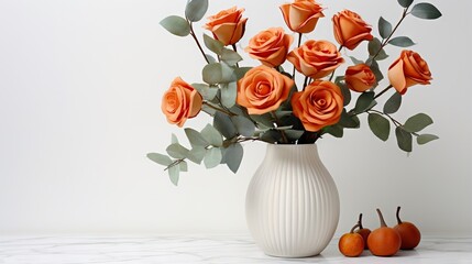  a white vase filled with orange roses and green leaves on a table.  generative ai