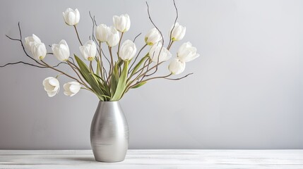  a silver vase with white flowers in it on a table.  generative ai
