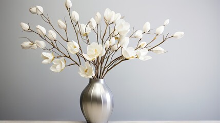  a silver vase filled with white flowers on top of a table.  generative ai