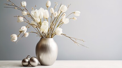  a silver vase with white flowers and two silver balls on a table.  generative ai