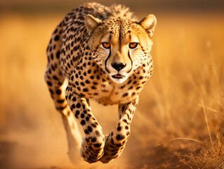"A powerful cheetah dashes through the vast African savannah, exuding strength and speed."