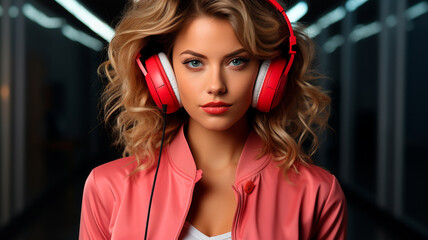 beautiful young blonde woman in headphones with headphones in pink room