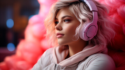 beautiful young blonde woman in headphones with headphones in pink room