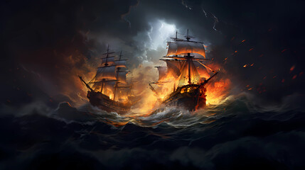 Illustration of a sailing ship in a storm - obrazy, fototapety, plakaty