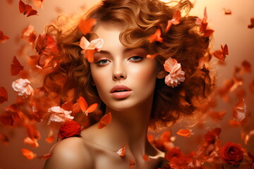Fototapeta premium Portrait of a girl in orange tones. Clean skin Cosmetics advertising.