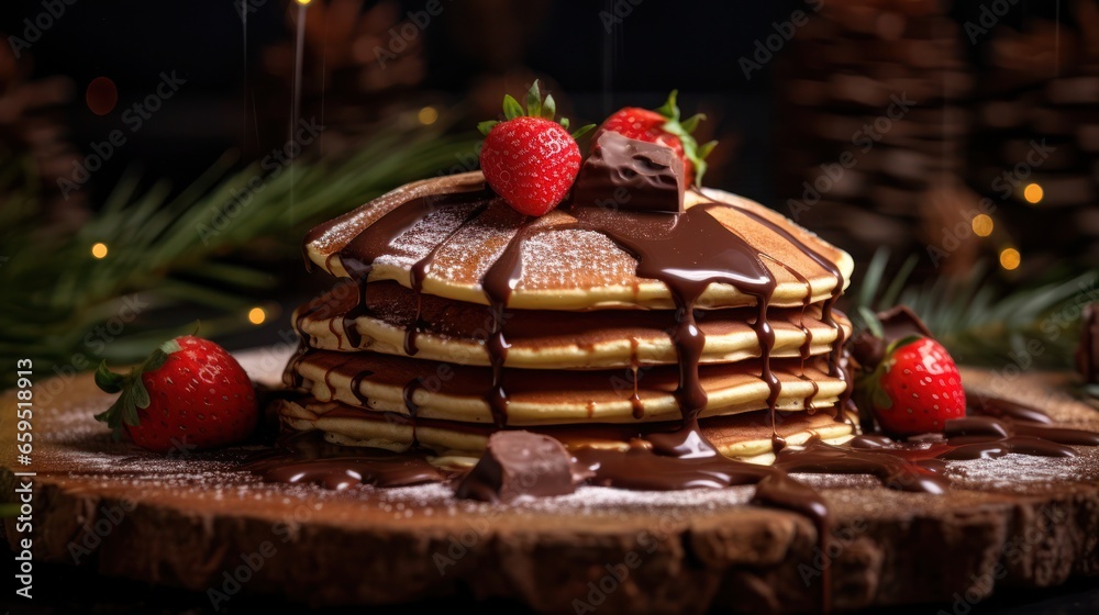 Wall mural pancakes with strawberries and berries cream on plate 