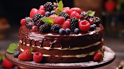 chocolate cake with strawberries and berries blur background