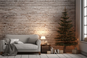 A minimalistic yet cozy studio apartment featuring a white brick wall, a tiny tabletop Christmas tree, and a single string of oversized Edison bulb lights. 