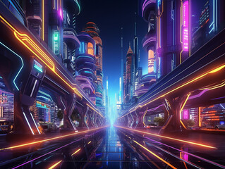 A vibrant and high-tech subterranean city illuminated by neon lights in a futuristic setting.