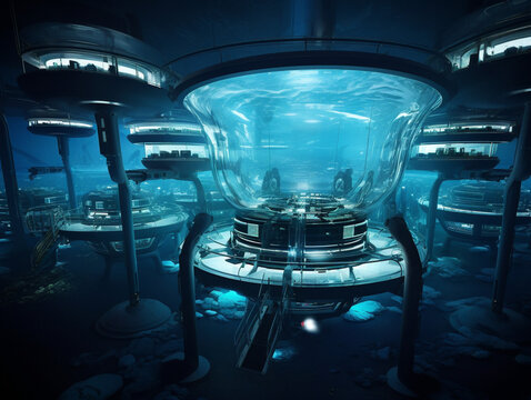 A high-tech research facility located underwater with futuristic design, dated January 22, 2052.