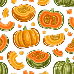 Vector Pumpkin Seamless Pattern, repeat background with illustrations of yellow whole pumpkin and ripe chopped kabocha for wrapping paper, square poster with group of flying flat lay raw pumpkin parts