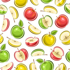 Vector Colorful Apple seamless pattern, square repeat background with cut out illustrations of ripe chopped apples with green leaves for wrapping paper, collection of flying flat lay raw apple fruits