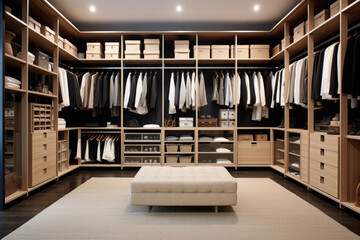 Modern wardrobe interior with clothes on shelves in dressing room - obrazy, fototapety, plakaty
