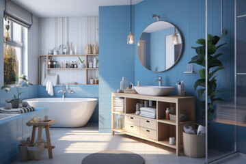 Modern stylish bathroom with bathtub and colored walls. Minimalistic interior in nordic style