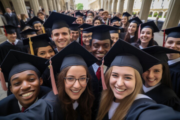 Students in graduation costume taking selfie outdoors. Smiling graduates in college