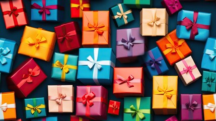  many different colored wrapped presents on a blue surface with bows.  generative ai