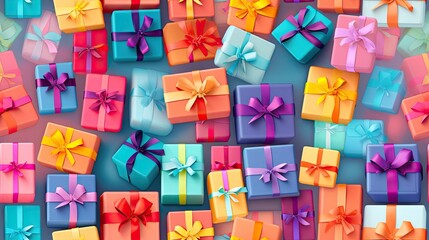  a lot of different colored wrapped presents on a blue background.  generative ai