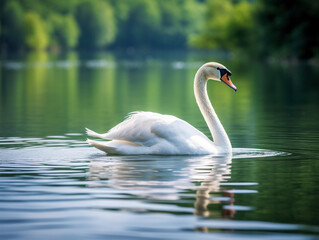 "A serene swan elegantly floats on a calm and peaceful lake, surrounded by nature."