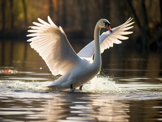 A serene white swan effortlessly glides across a peaceful and calm lake, creating mesmerizing ripples.
