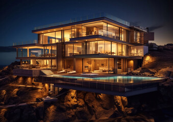 Modern luxury villa house with swimming pool for nightlife party.AI Generative
