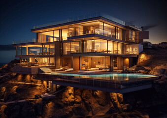 Obraz premium Modern luxury villa house with swimming pool for nightlife party.AI Generative
