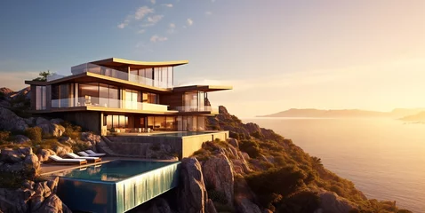 Gordijnen Luxury expensive modern villa house on mountain with beautiful view.AI Generative © DenisMArt