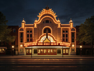A glamorous theater adorned with a brightly lit marquee that shines in the night sky. - obrazy, fototapety, plakaty