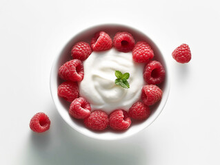 Bowl of organic natural yogurt and fresh raw ripe raspberries.Macro.AI Generative