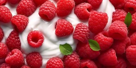 Fresh raw red raspberries with natural creamy yogurt.Macro.AI Generative