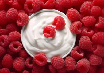 Bowl of organic natural yogurt and fresh raw ripe raspberries.Macro.AI Generative