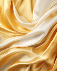 Fototapeta premium Background of flowing shiny yellow golden satin or silk, fashionable bright background of smooth silky fabric